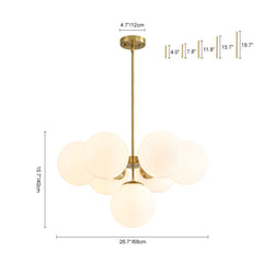 Tiered Chandelier, 7-Light, White Glass Globe Shades with Brass Finish