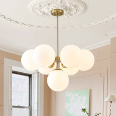 Tiered Chandelier, 7-Light, White Glass Globe Shades with Brass Finish