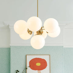 Tiered Chandelier, 7-Light, White Glass Globe Shades with Brass Finish