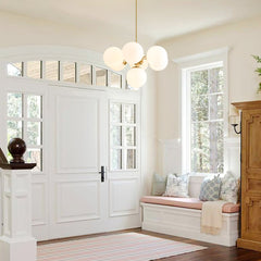 Tiered Chandelier, 7-Light, White Glass Globe Shades with Brass Finish