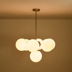 Tiered Chandelier, 7-Light, White Glass Globe Shades with Brass Finish