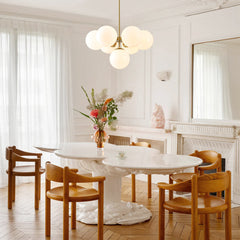 Tiered Chandelier, 7-Light, White Glass Globe Shades with Brass Finish