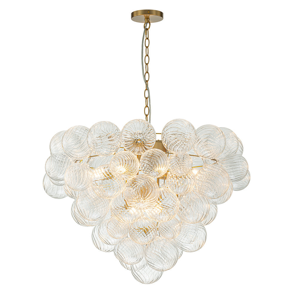 Tiered Chandelier with 9 Lights, Clear Ribbed Glass in Antique Brass