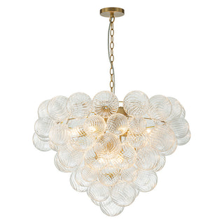 Tiered Chandelier with 9 Lights, Clear Ribbed Glass in Antique Brass