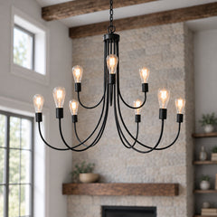 Tiered Chandelier with 9 Lights in Matte Black Iron