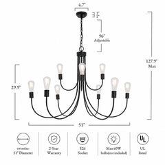 Tiered Chandelier with 9 Lights in Matte Black Iron