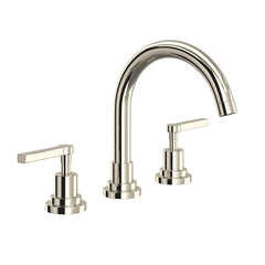 Hero | polished nickel widespread bathroom faucet with fixed C-spout and lever handles on a plain background