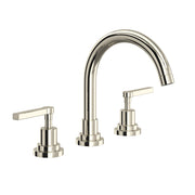 Hero | polished nickel widespread bathroom faucet with fixed C-spout and lever handles on a plain background