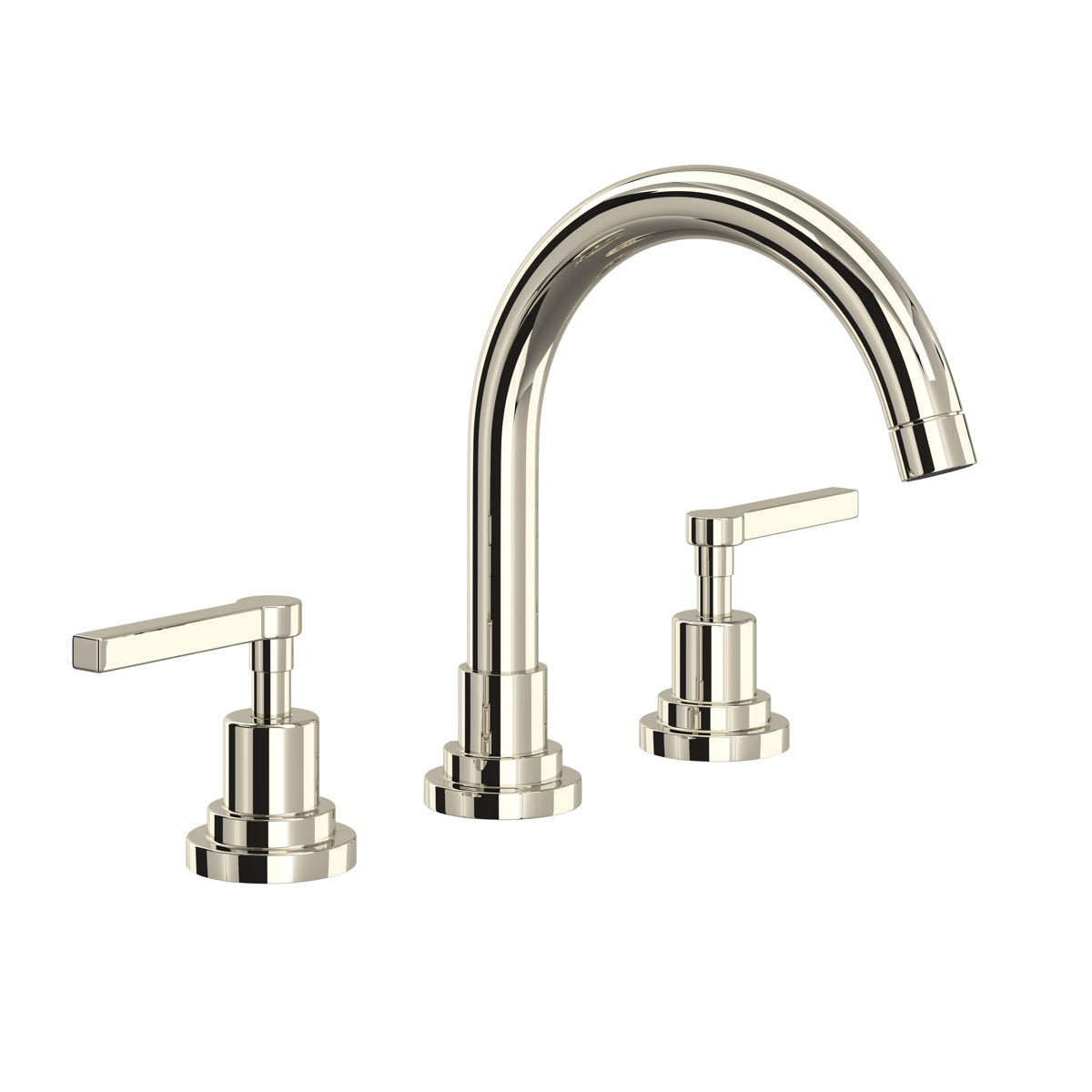 Hero | polished nickel widespread bathroom faucet with fixed C-spout and lever handles on a plain background
