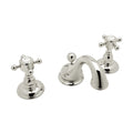 Hero | polished nickel widespread faucet with a curved low spout and two cross handles on white