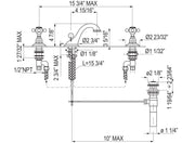 Dimensions | faucet drawing with width, reach, height, connection, and drain measurements