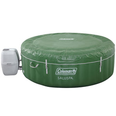 Covered | Green round inflatable hot tub with matching cover and external pump