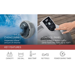 Control detail | Feature graphic showing dispenser, control panel, 4-6 capacity, 242-gallon capacity, 104-degree maximum, timer