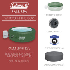 Box contents | Feature graphic showing spa, standard cover, dispenser, filter cartridge, insulated cover