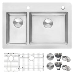 Topmount Kitchen Sink, Double Bowl 30/70, 16 Gauge Stainless Steel, 33 x 22 Inch