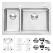 Topmount Kitchen Sink, Double Bowl 30/70, 16 Gauge Stainless Steel, 33 x 22 Inch