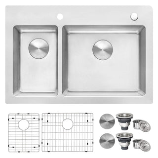 Topmount Kitchen Sink, Double Bowl 30/70, 16 Gauge Stainless Steel, 33 x 22 Inch
