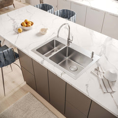 Topmount Kitchen Sink, Double Bowl 30/70, 16 Gauge Stainless Steel, 33 x 22 Inch