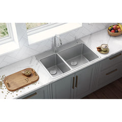 Topmount Kitchen Sink, Double Bowl 30/70, 16 Gauge Stainless Steel, 33 x 22 Inch
