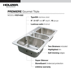 Topmount Kitchen Sink, Premiere Gourmet, Triple Bowl, 4-Hole, Stainless Steel