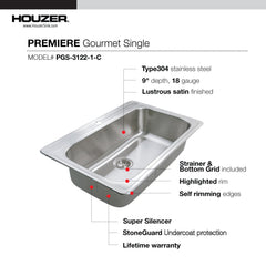 Topmount Kitchen Sink, Single Bowl, 1 Faucet Hole, Stainless Steel, 33 In