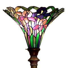 Torchiere Floor Lamp with Green Stained Glass Shade and Bronze Base