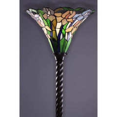Torchiere Floor Lamp with Green Stained Glass Shade and Bronze Base