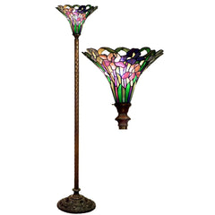 Torchiere Floor Lamp with Green Stained Glass Shade and Bronze Base