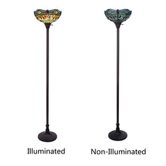 Torchiere Floor Lamp with Stained Glass Shade in Beige and Green
