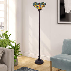 Torchiere Floor Lamp with Stained Glass Shade in Beige and Green