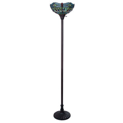 Torchiere Floor Lamp with Stained Glass Shade in Beige and Green
