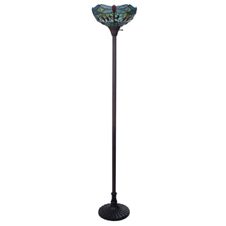 Torchiere Floor Lamp with Stained Glass Shade in Beige and Green