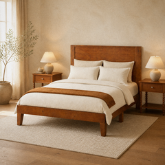 Room 1 angle | Three-quarter bedroom view showing the wood rails, headboard, footboard, and both nightstands