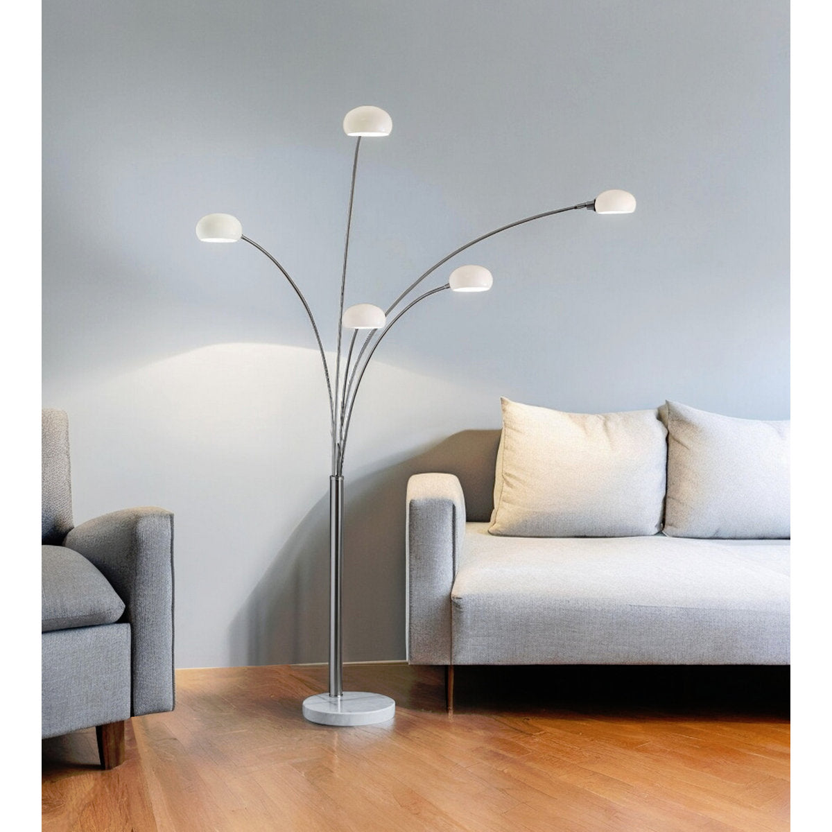 Tree Floor Lamp, 5-Light, Steel with White Glass Dome Shade