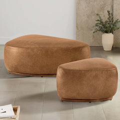 Triangle Ottomans, Set of 2, Brown Genuine Leather with Black Legs