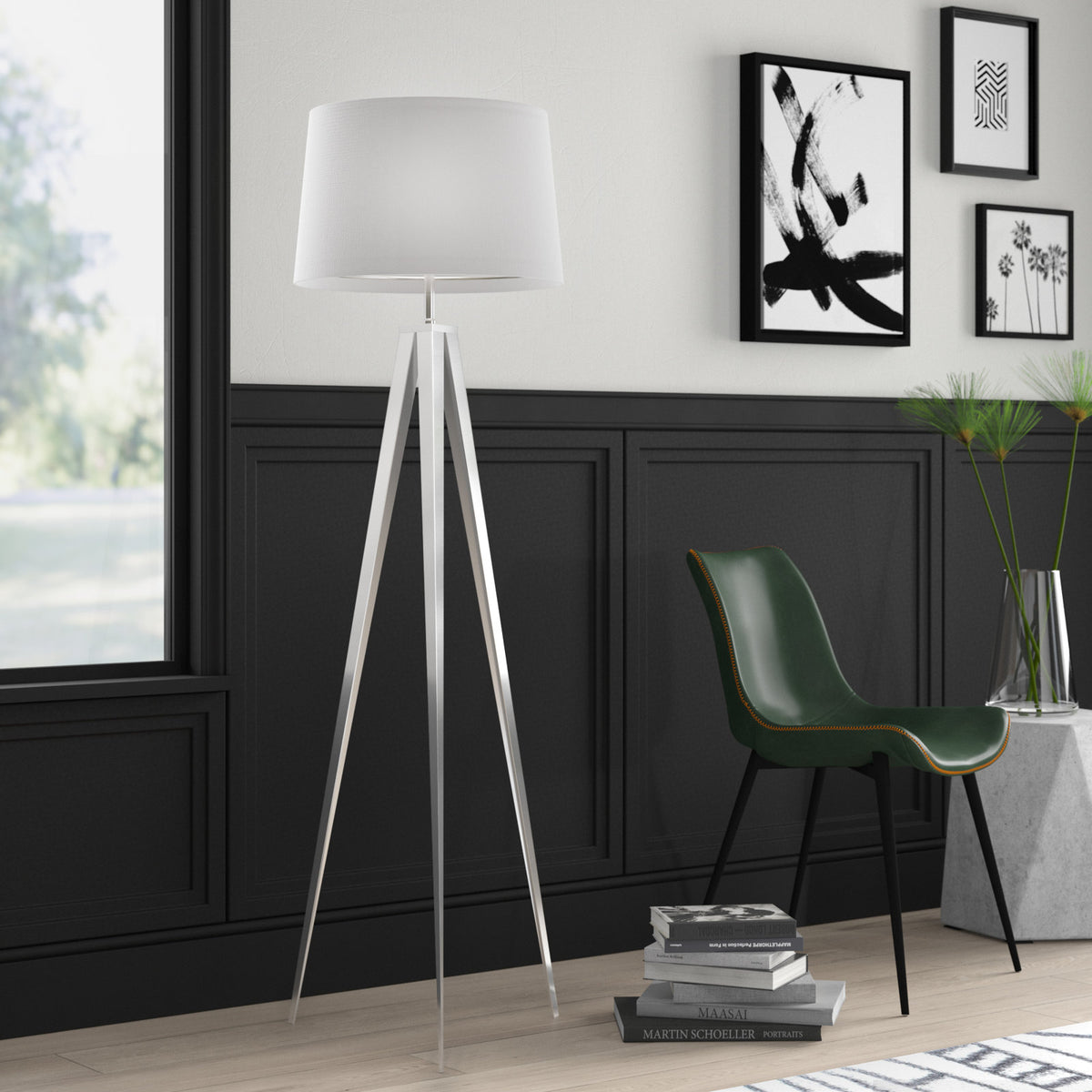 Tripod Floor Lamp in Nickel Stainless Steel with White Fabric Shade
