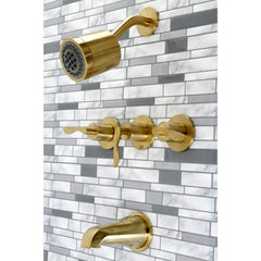 Tub and Shower Faucet, Tulare, Triple Handle in Brushed Brass