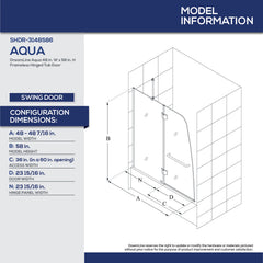 Tub Door, Aqua, Hinged Semi-Frameless, 48 in. W x 58 in. H, Chrome