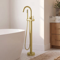 Tub Faucet, Circular, Single Handle, Hand Shower, Brass, Brushed Gold
