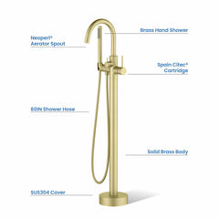 Tub Faucet, Circular, Single Handle, Hand Shower, Brass, Brushed Gold