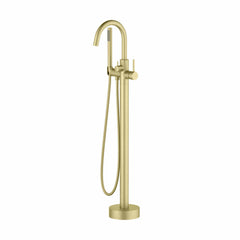 Tub Faucet, Circular, Single Handle, Hand Shower, Brass, Brushed Gold