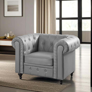 Tufted Accent Chair, Gray Faux Leather with Black Legs