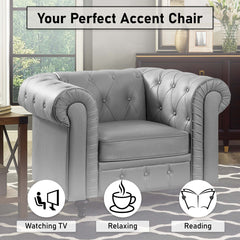 Tufted Accent Chair, Gray Faux Leather with Black Legs