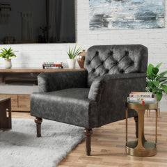 Tufted Armchair with Vinyl Upholstery and Solid Wood Legs