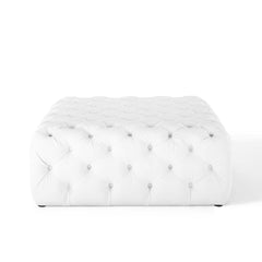 Tufted Button Accent Ottoman, Square, White Faux Leather with Black Legs
