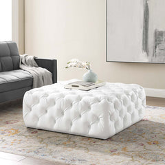 Tufted Button Accent Ottoman, Square, White Faux Leather with Black Legs