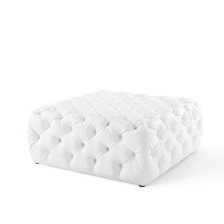 Tufted Button Accent Ottoman, Square, White Faux Leather with Black Legs