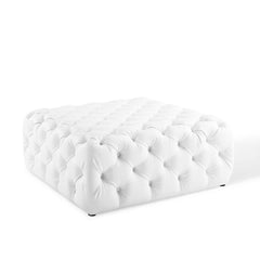 Tufted Button Accent Ottoman, Square, White Faux Leather with Black Legs