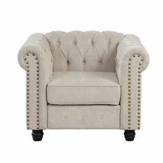Tufted Club Chair in Beige Linen Blend with Black Wood Legs