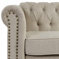Tufted Club Chair in Beige Linen Blend with Black Wood Legs